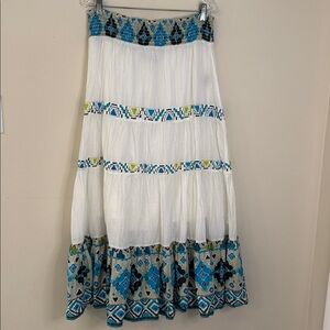 Style & Co. White A-Line Skirt with Blue and Lime Geometric Trim *stretch. M/L